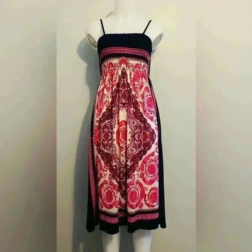 Cristina Love sz S women’s hot pink, cream, black dress, vibrant beautiful beach